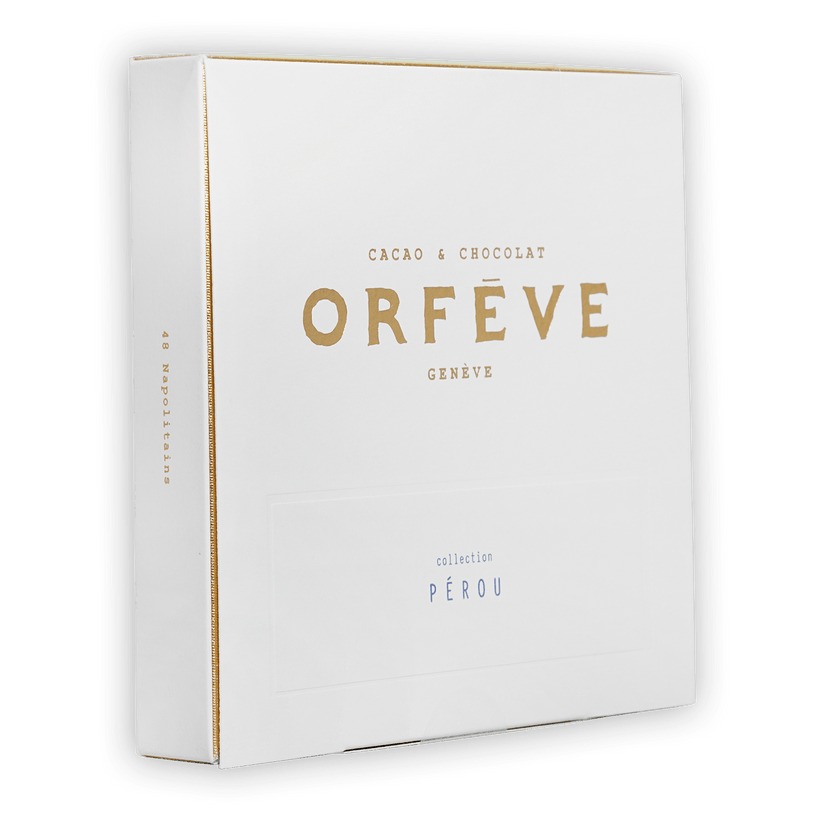 Orfève Genève Peru cacao box with gold lettering and zipper detail