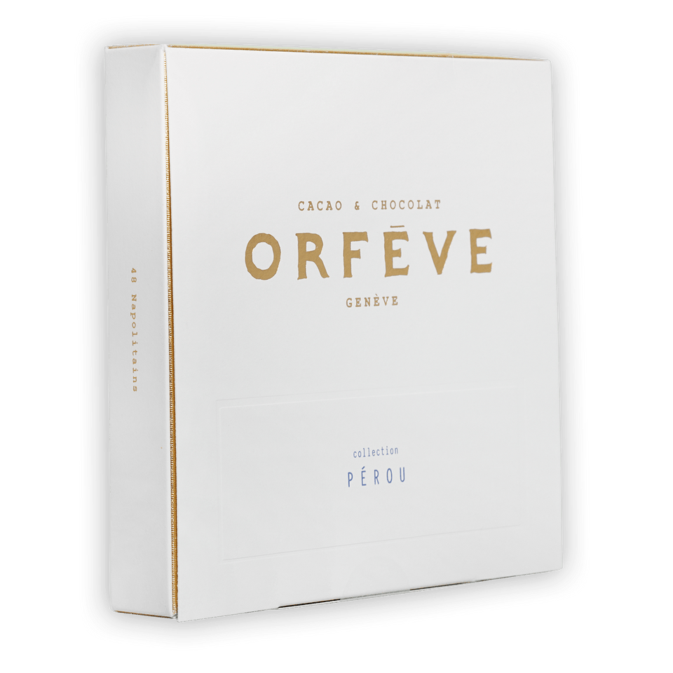 Orfève Genève Peru cacao box with gold lettering and zipper detail