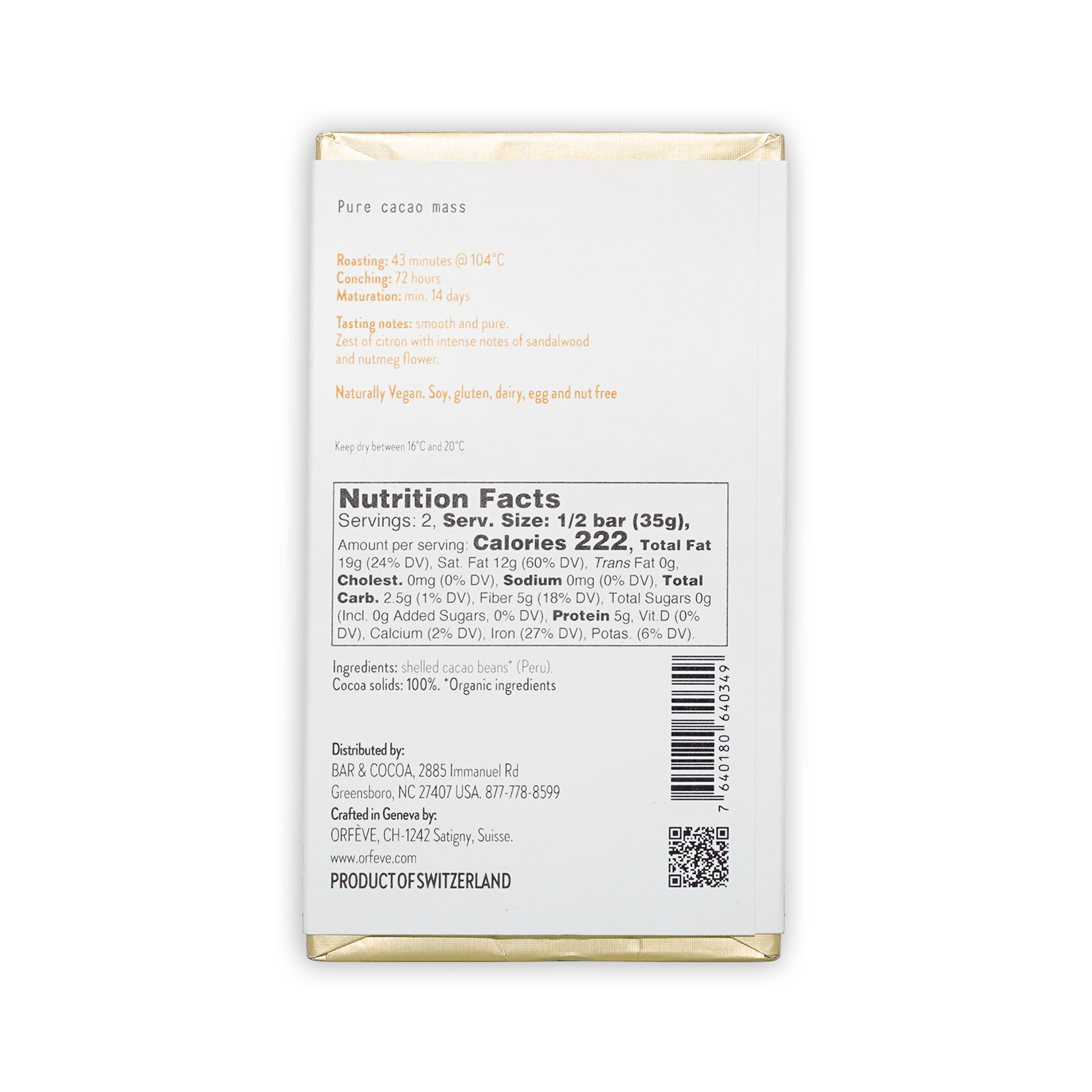 Orfeve Dark Quillabamba Peru 100% chocolate bar wrapper with gold edges