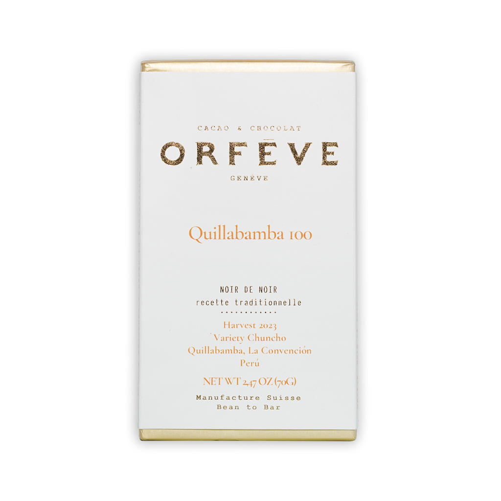 Orfeve Dark Quillabamba Peru 100% chocolate bar wrapper with gold accents
