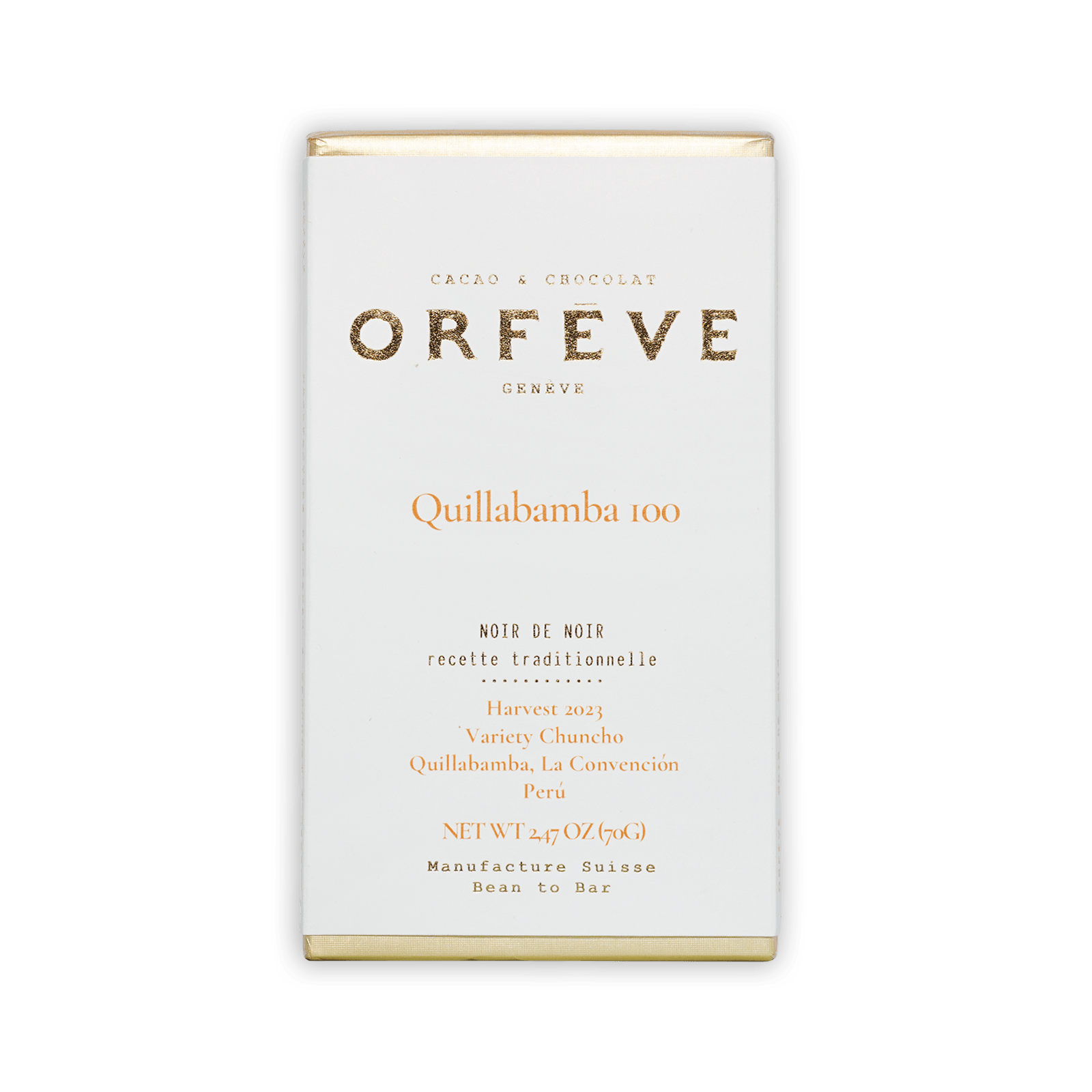 Orfeve Dark Quillabamba Peru 100% chocolate bar wrapper with gold accents