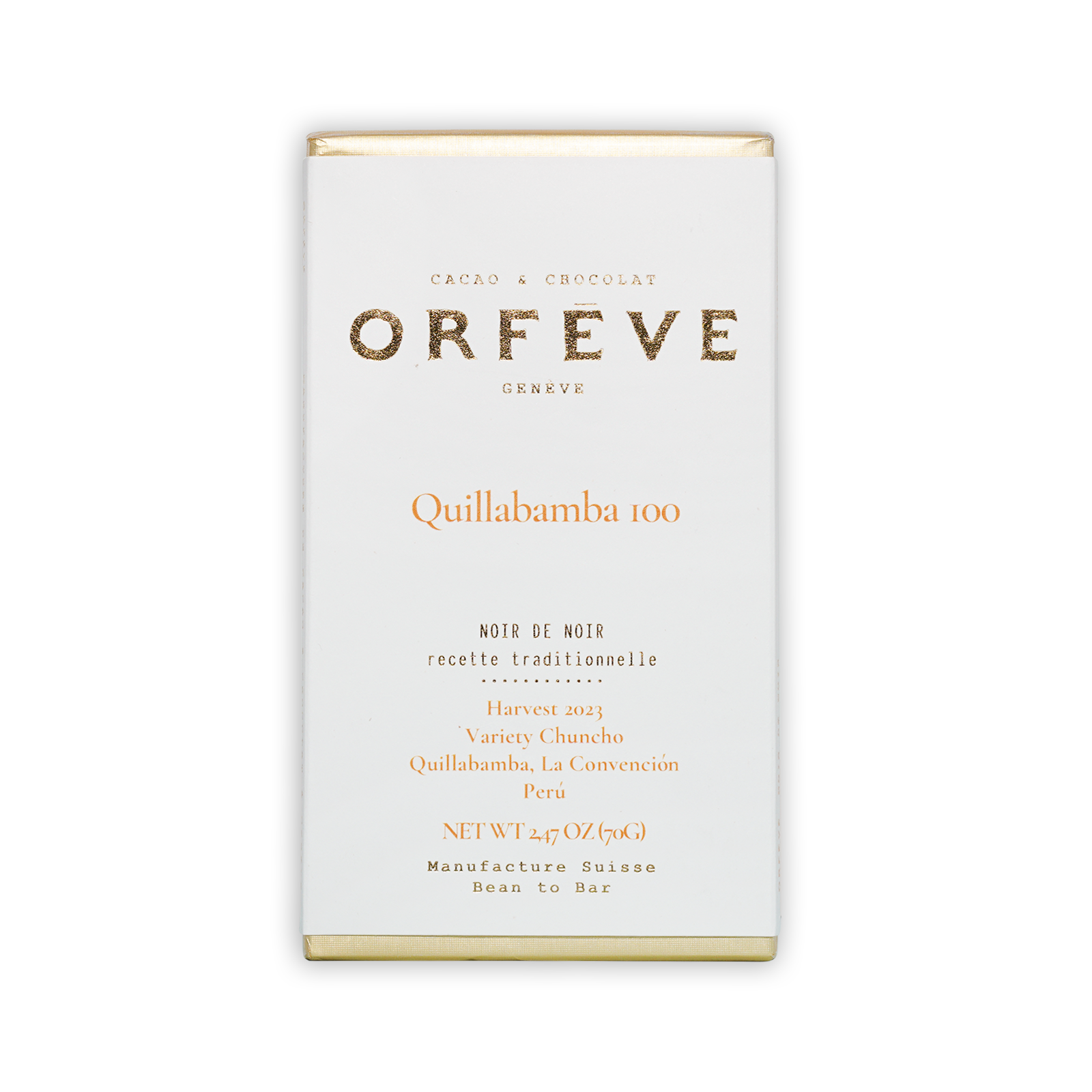 Orfeve Dark Quillabamba Peru 100% chocolate bar wrapper with gold accents