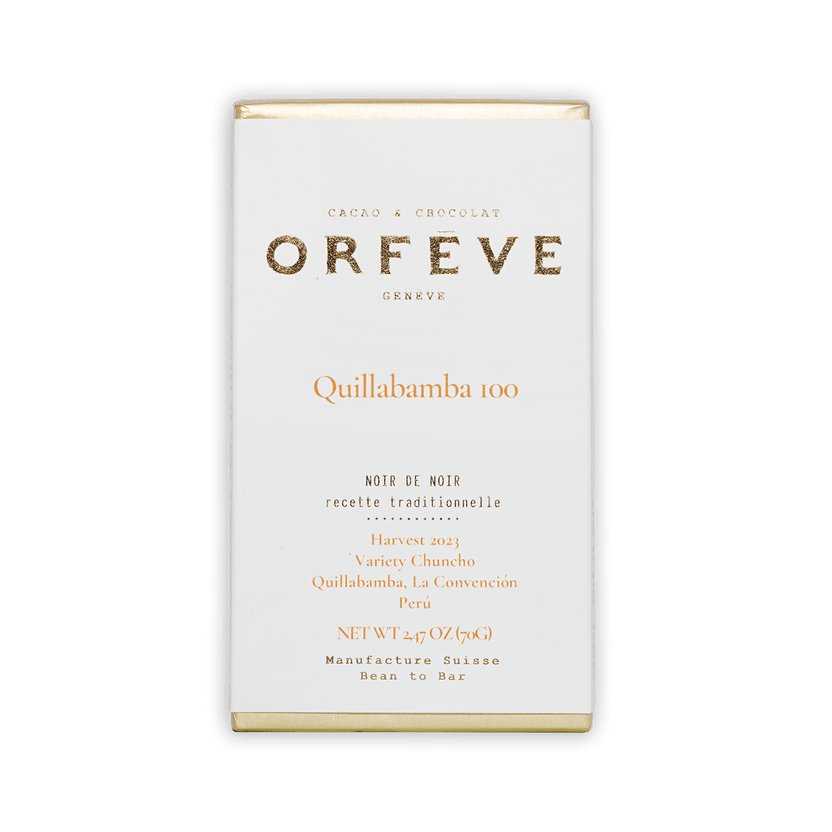 Orfeve Dark Quillabamba Peru 100% chocolate bar wrapper with gold accents