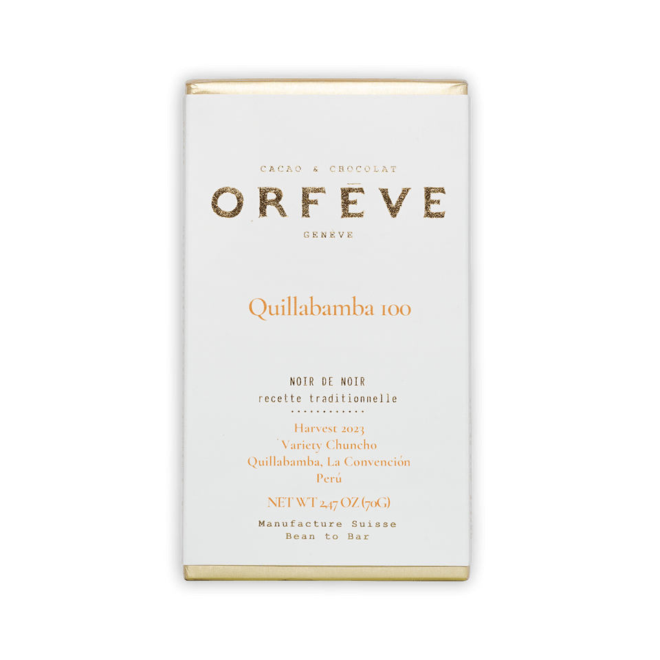 Orfeve Dark Quillabamba Peru 100% chocolate bar wrapper with gold accents
