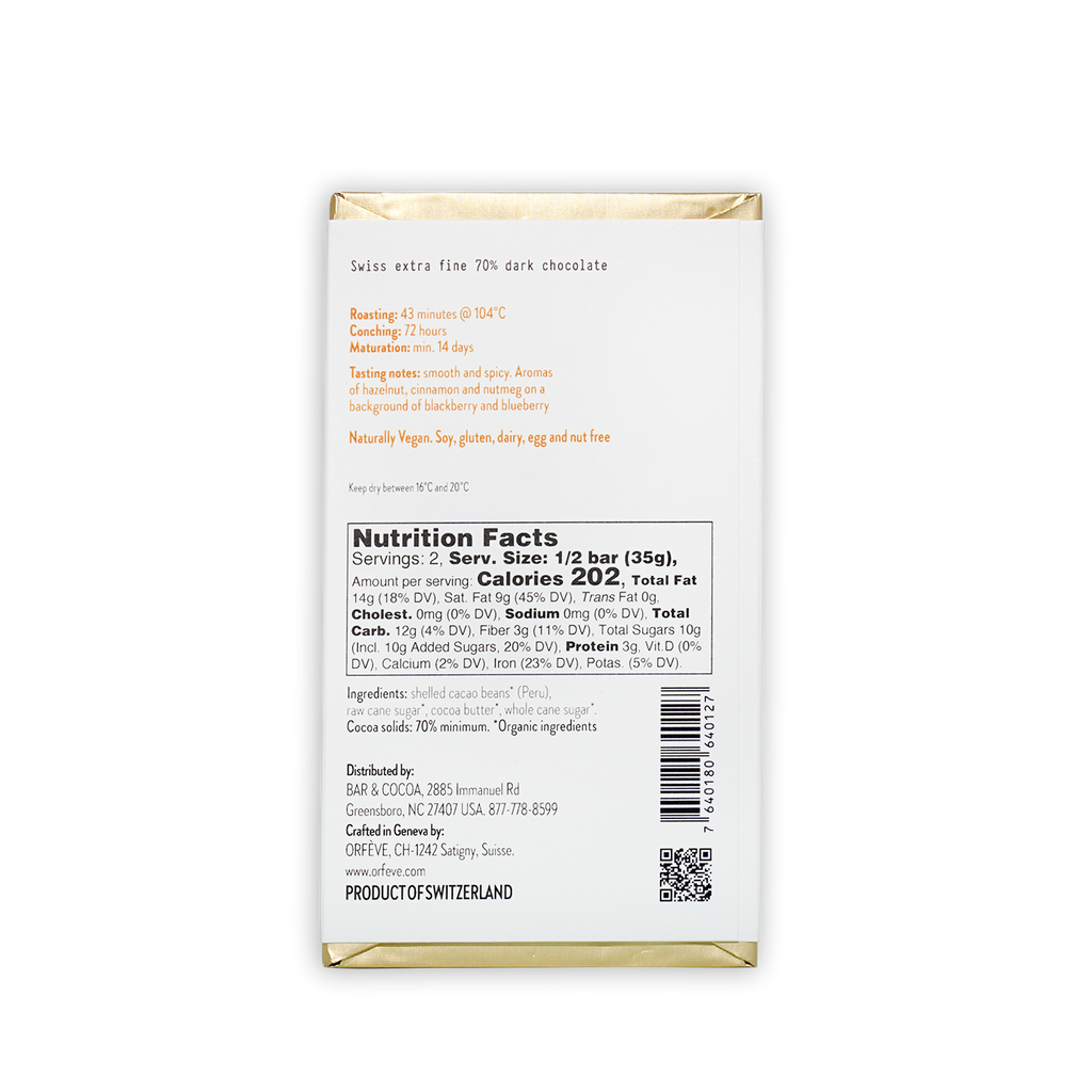Orfeve Dark Quillabamba Peru 70% white chocolate bar wrapper