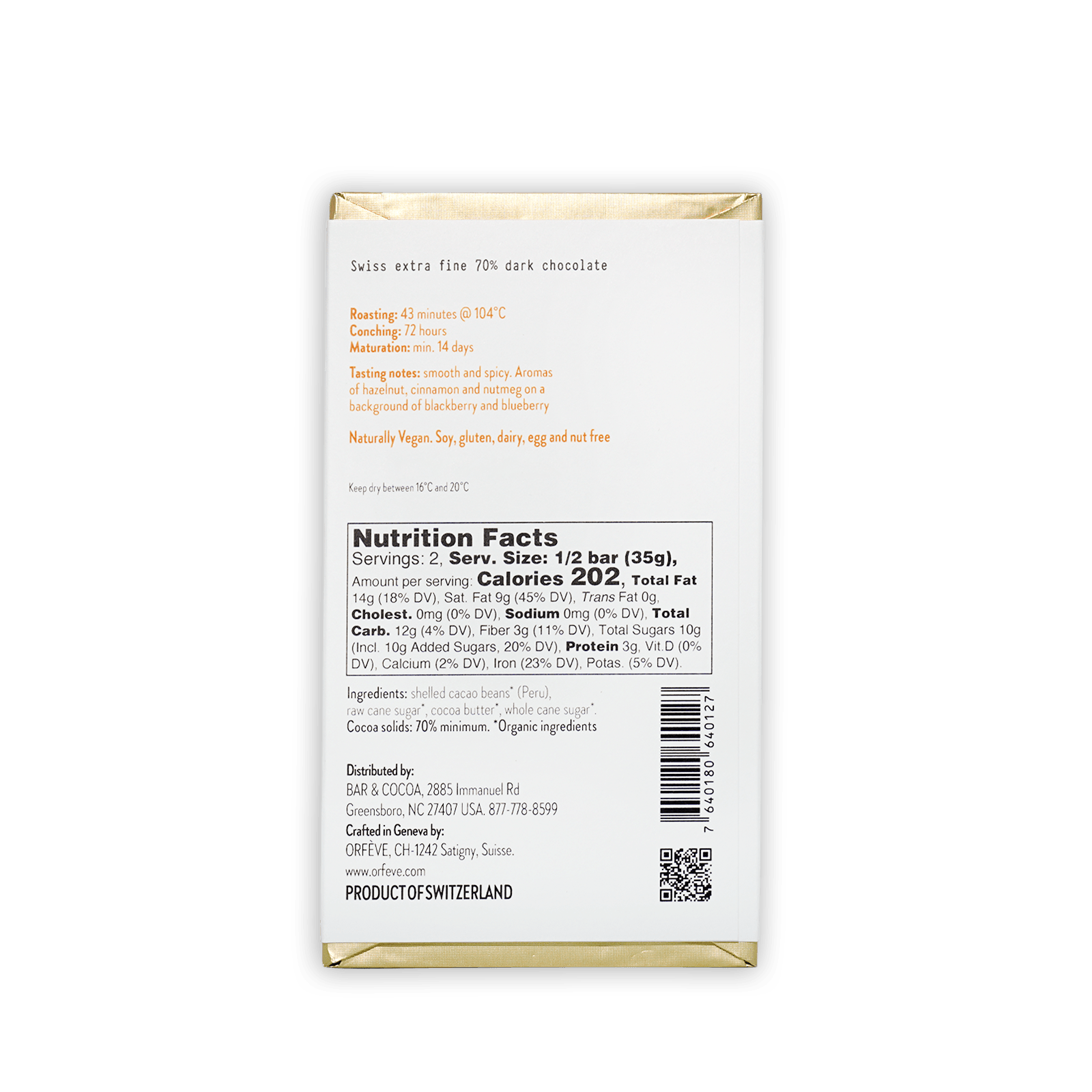 Orfeve Dark Quillabamba Peru 70% white chocolate bar wrapper