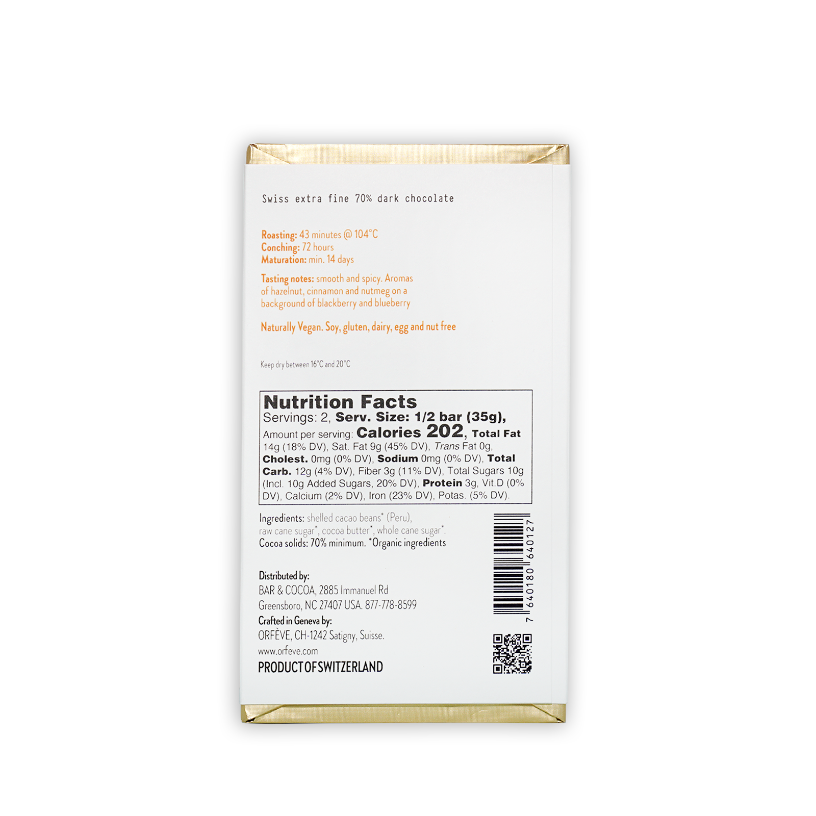Orfeve Dark Quillabamba Peru 70% white chocolate bar wrapper