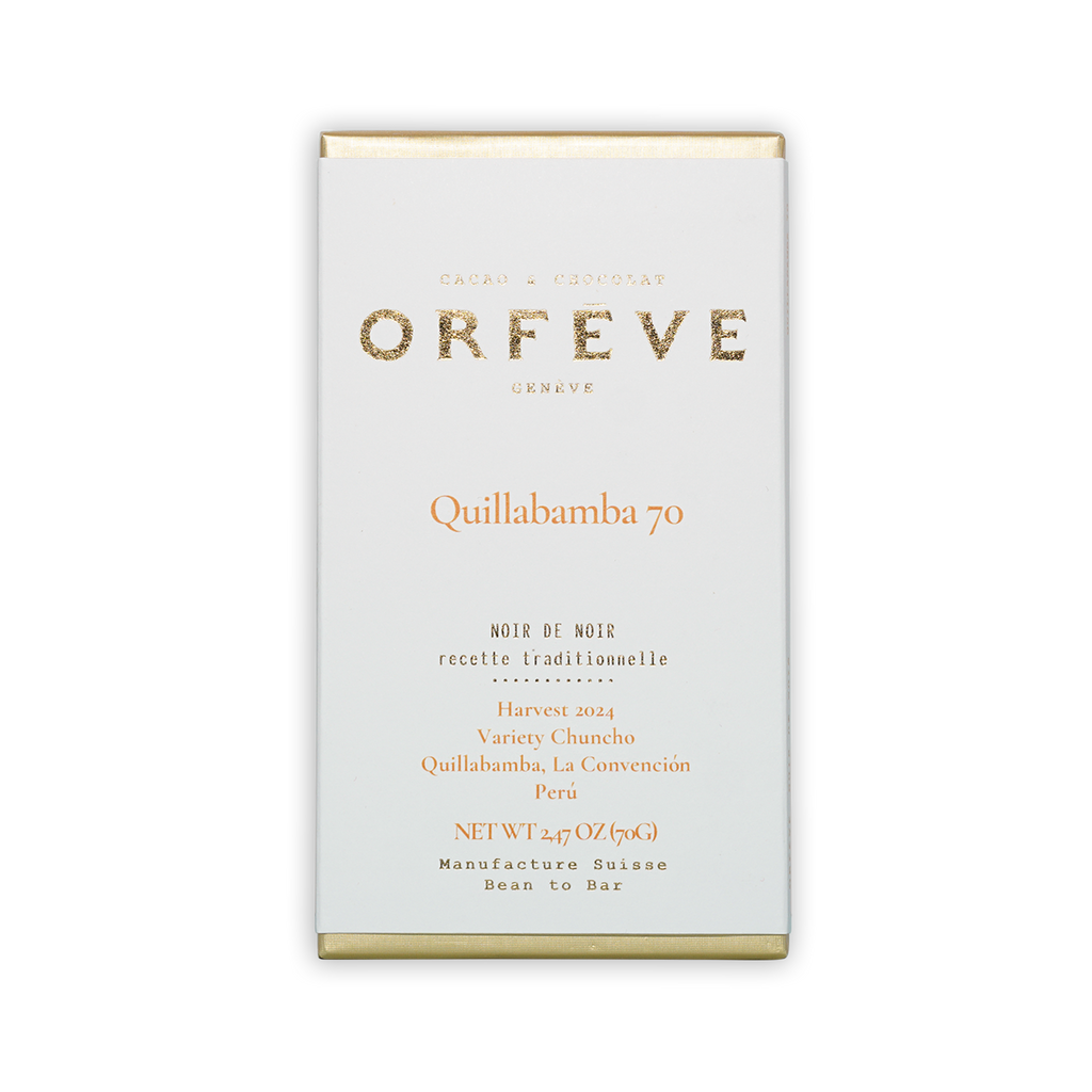 Orfeve Dark Quillabamba Peru 70% white chocolate bar box with gold foil