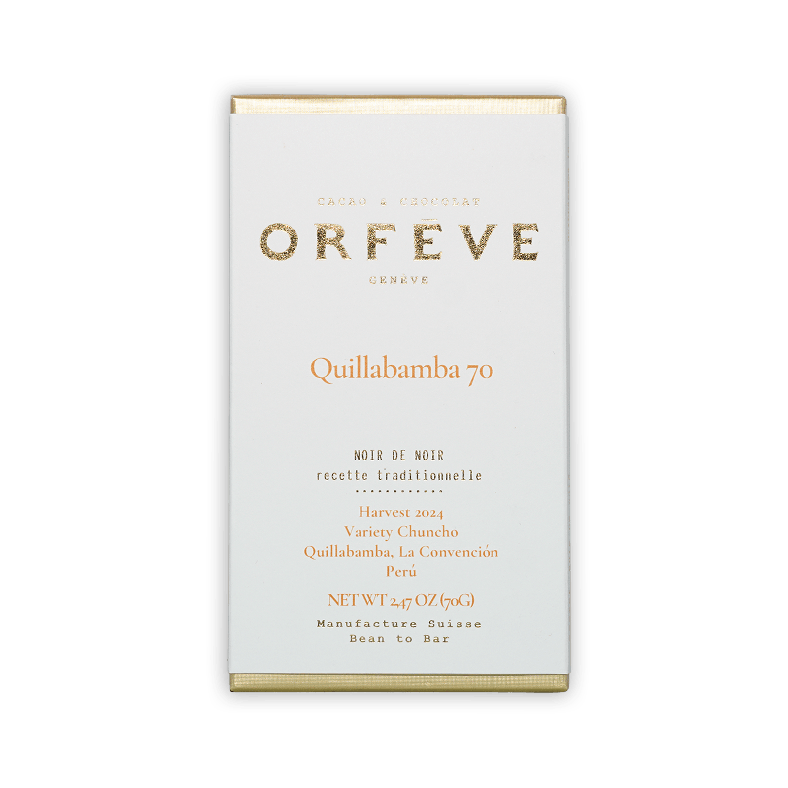 Orfeve Dark Quillabamba Peru 70% white chocolate bar box with gold foil