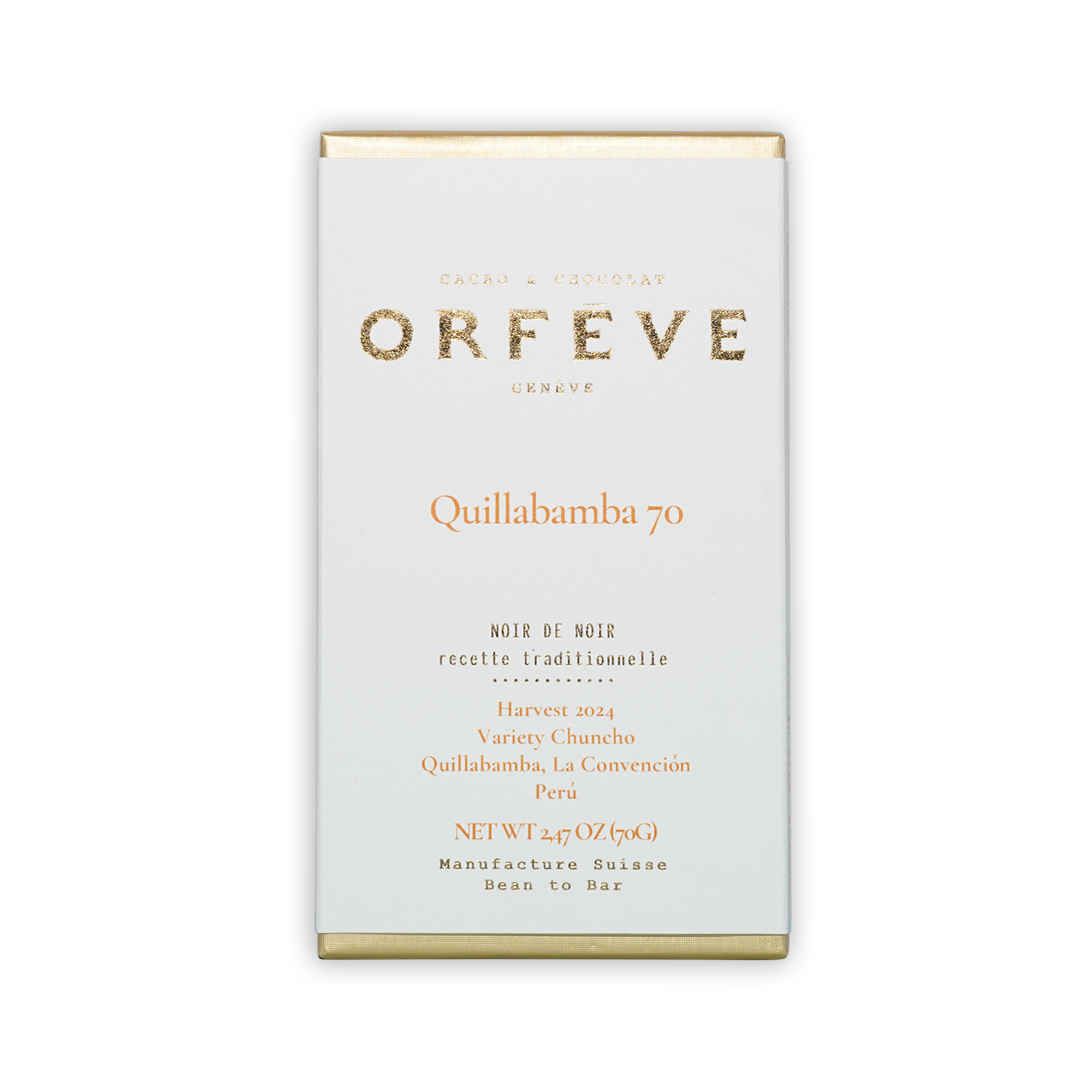 Orfeve Dark Quillabamba Peru 70% white chocolate bar box with gold foil