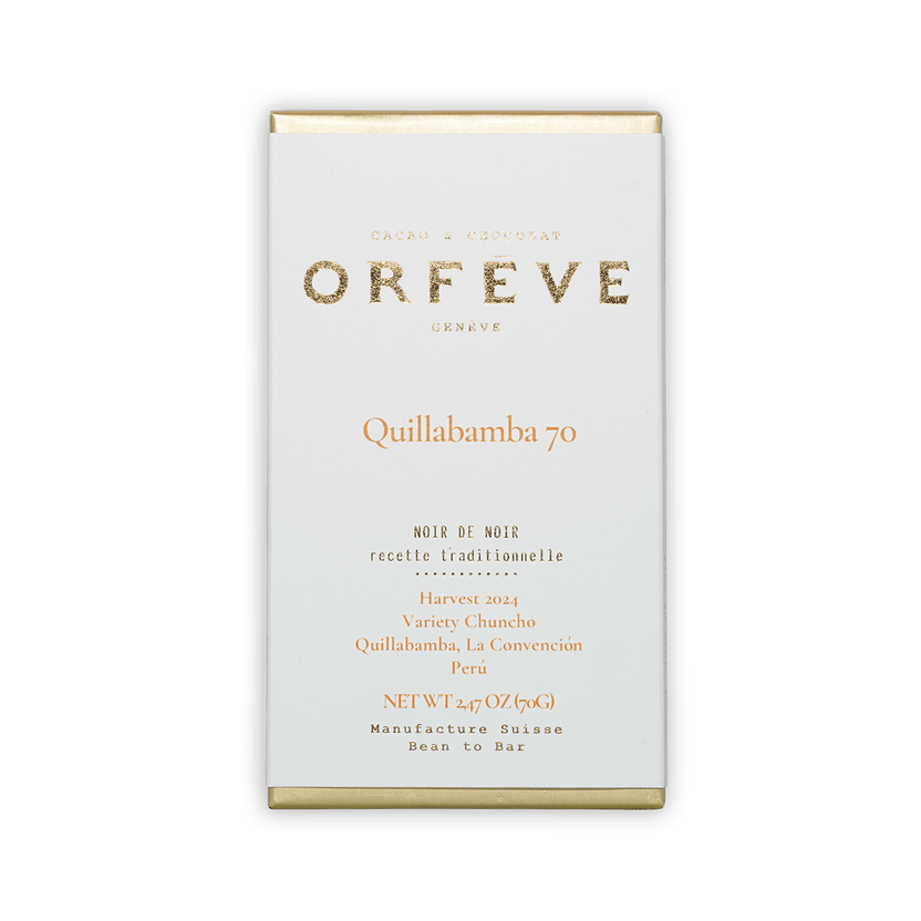 Orfeve Dark Quillabamba Peru 70% white chocolate bar box with gold foil