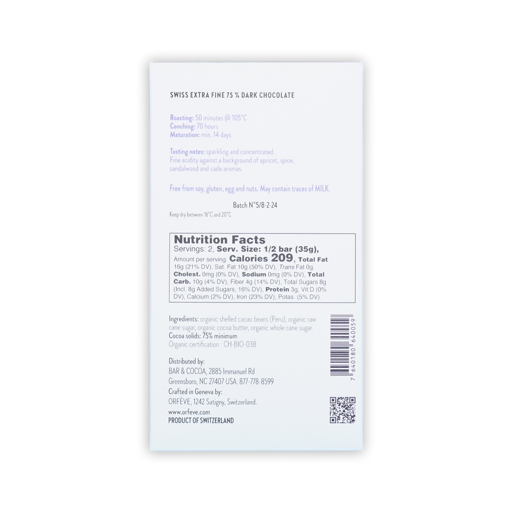Back of a white Orfeve chocolate box showing nutrition facts and Swiss extra fine 75% dark chocolate text.