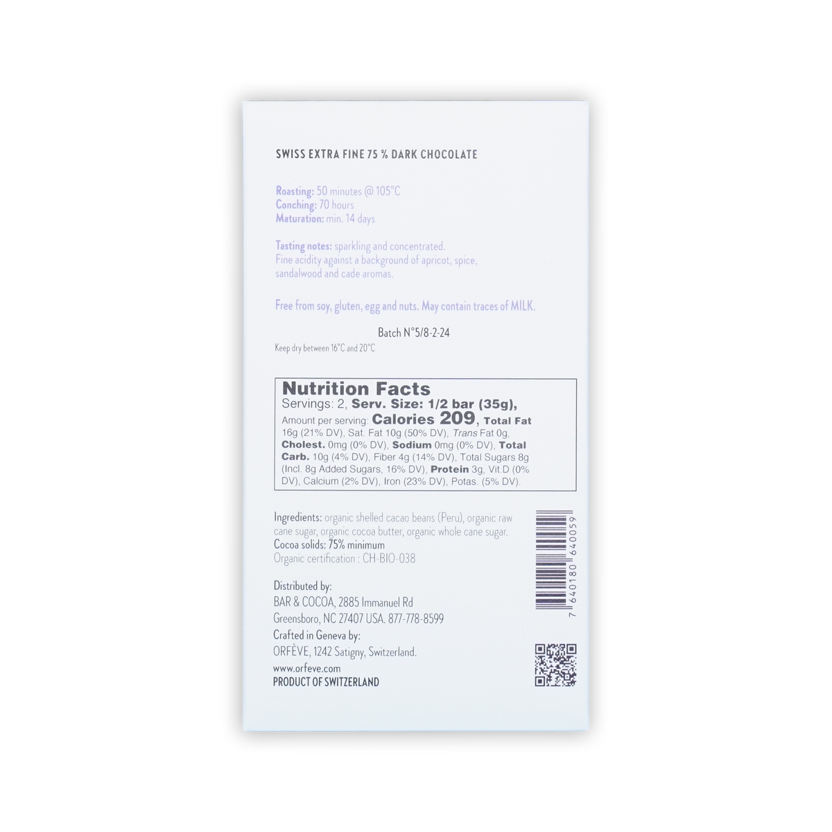 Back of a white Orfeve chocolate box showing nutrition facts and Swiss extra fine 75% dark chocolate text.