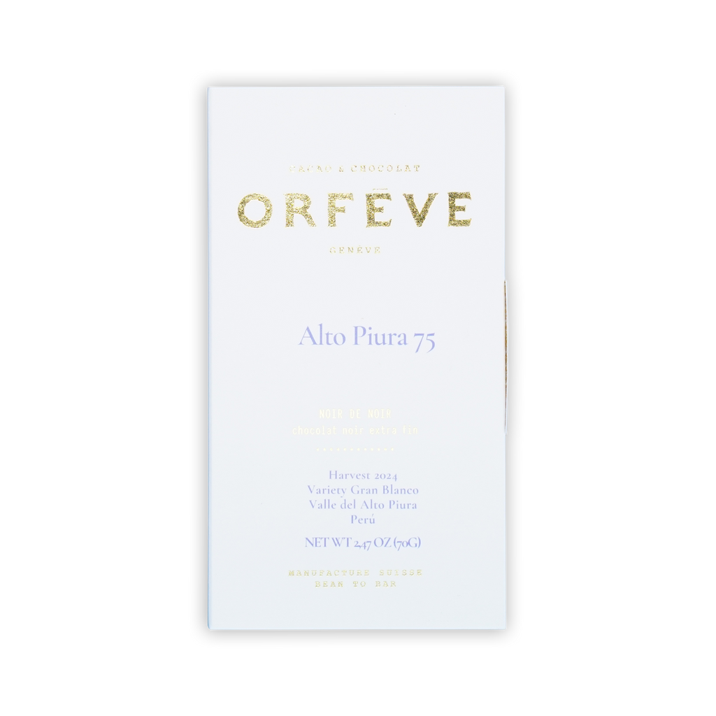 A white box of Orfeve Alto Piura 75 chocolate on a black background, featuring gold and purple printed text.