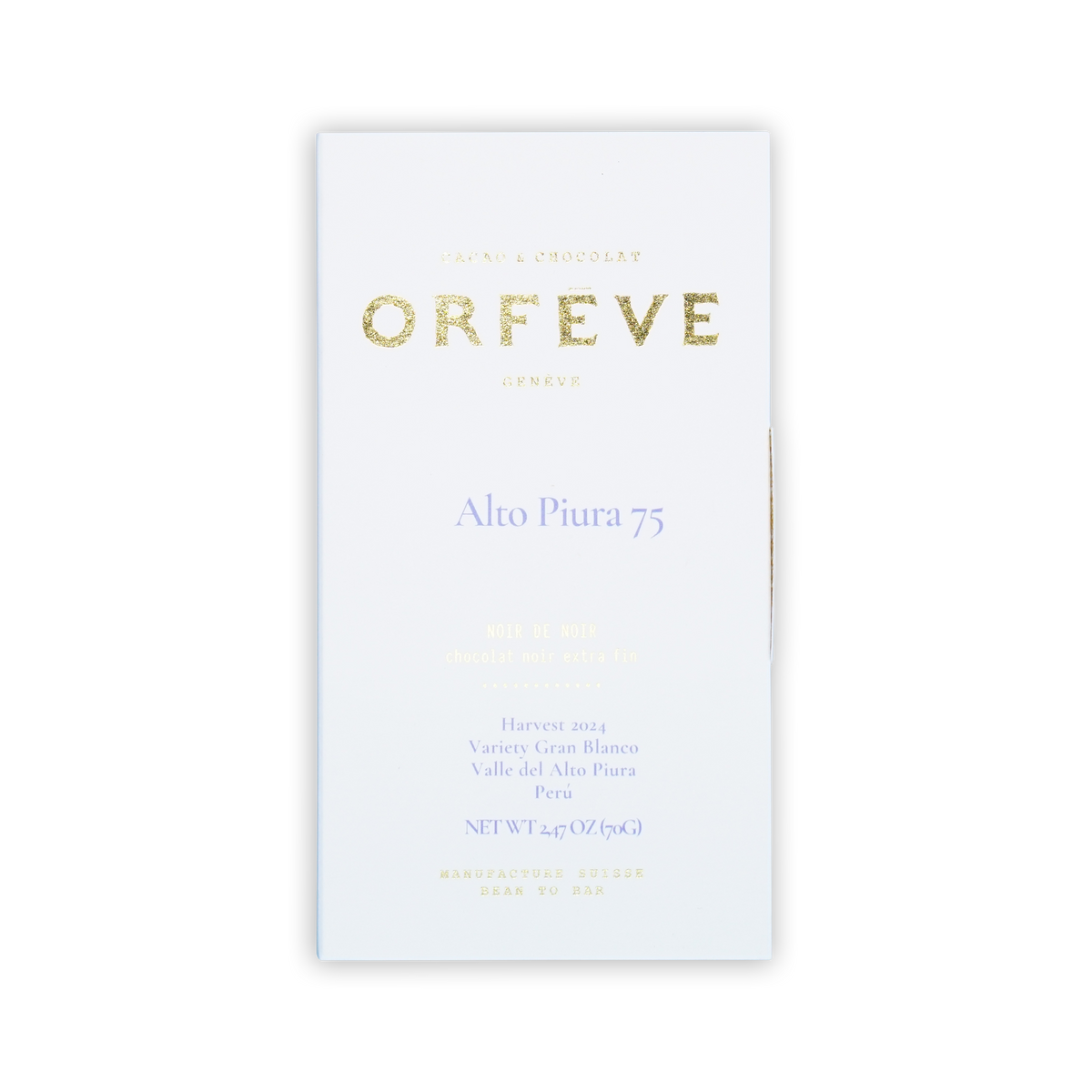 A white box of Orfeve Alto Piura 75 chocolate on a black background, featuring gold and purple printed text.