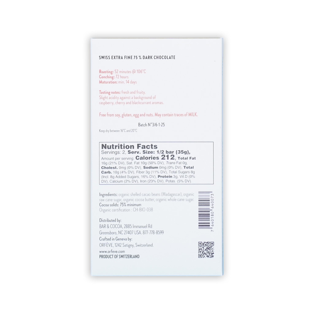 The back of a white Orfeve 75% dark chocolate box on a black background, showing nutrition facts and tasting notes.