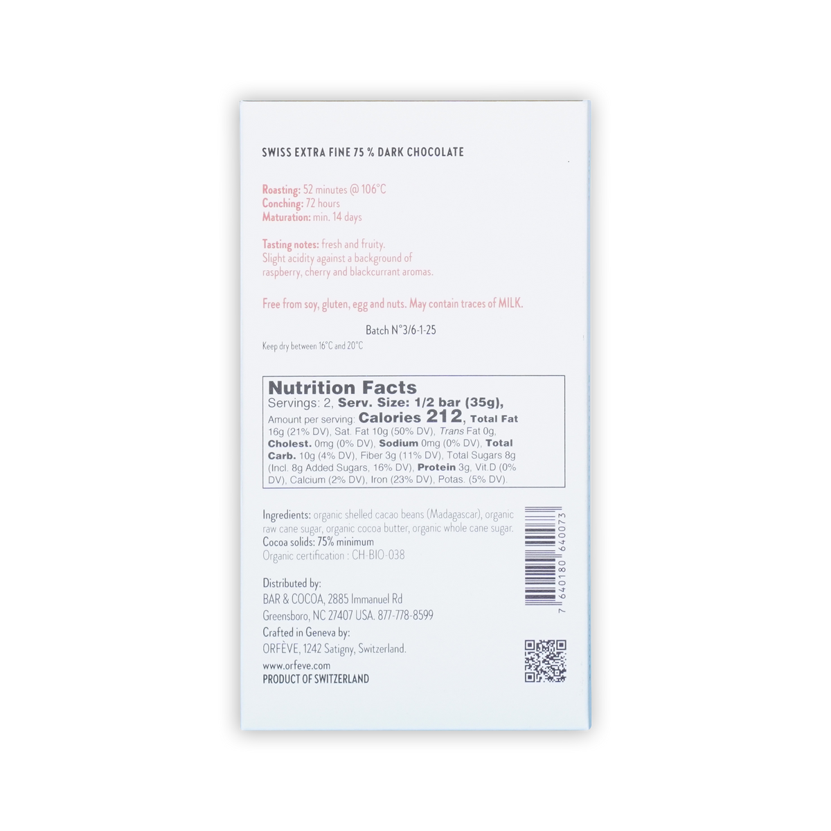 The back of a white Orfeve 75% dark chocolate box on a black background, showing nutrition facts and tasting notes.