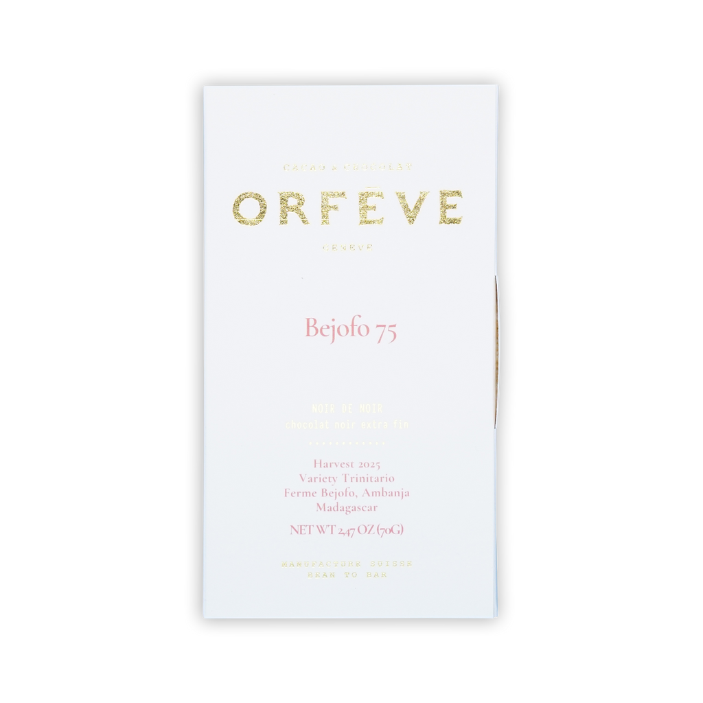 A white rectangular box of Orfeve Bejofo 75 chocolate on a black background with gold and pink printed text.