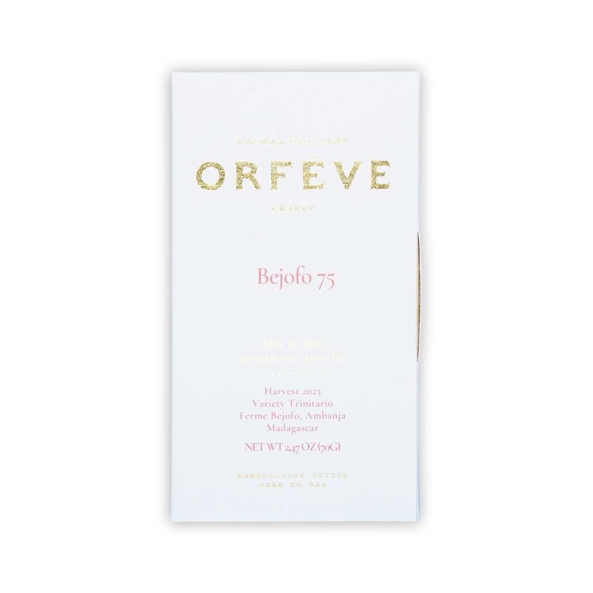 A white rectangular box of Orfeve Bejofo 75 chocolate on a black background with gold and pink printed text.