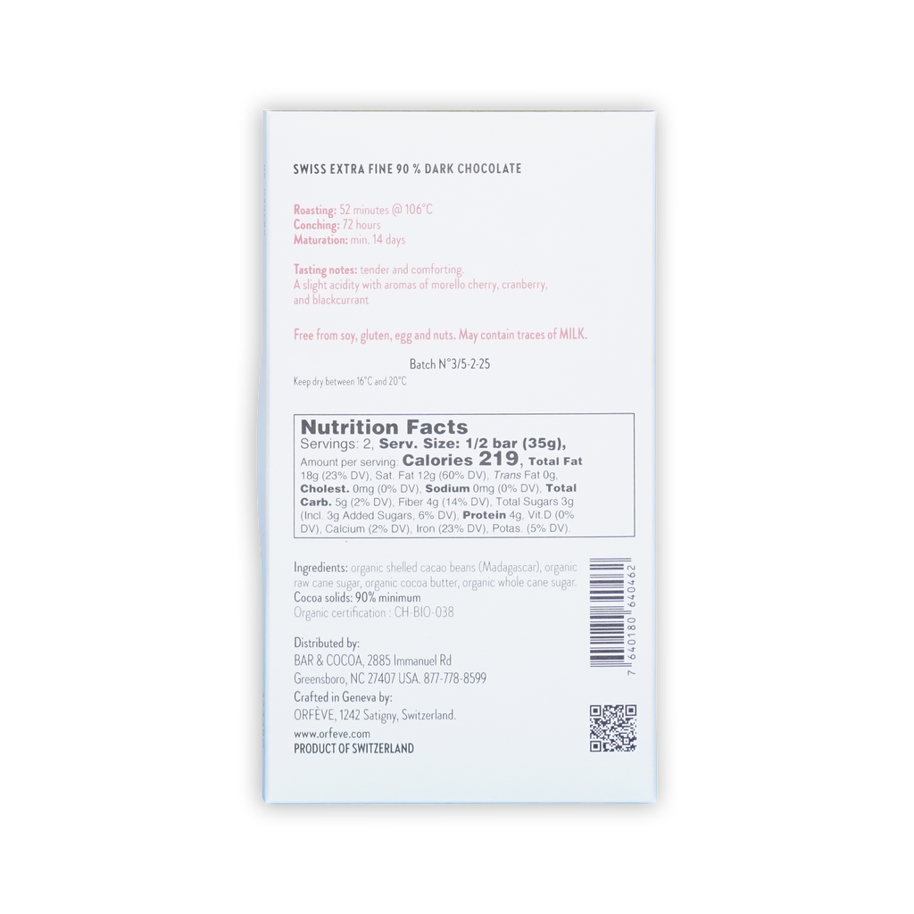Back of a white Orfeve 90% dark chocolate box on a black background, showing nutrition facts, ingredients, and a barcode.