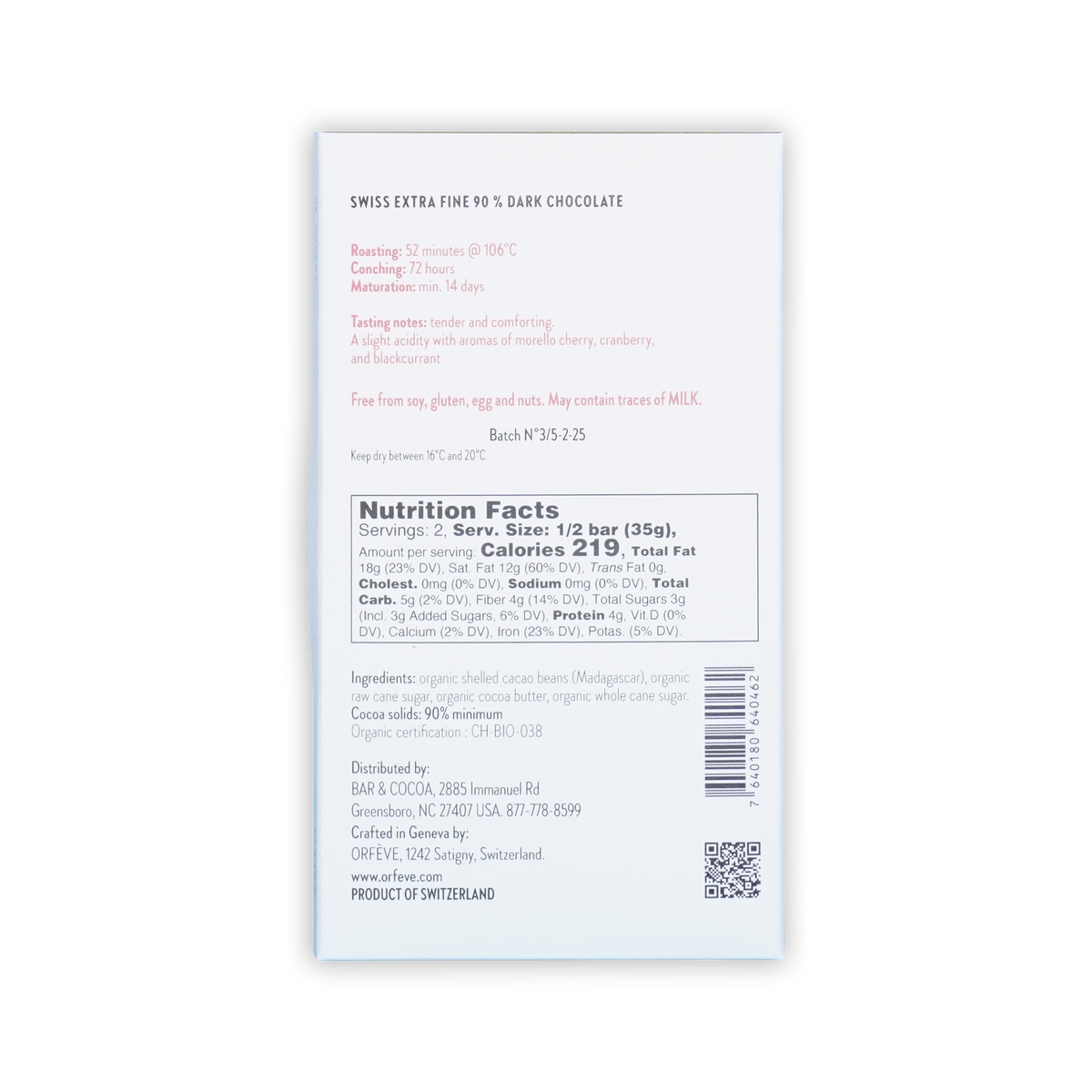 Back of a white Orfeve 90% dark chocolate box on a black background, showing nutrition facts, ingredients, and a barcode.