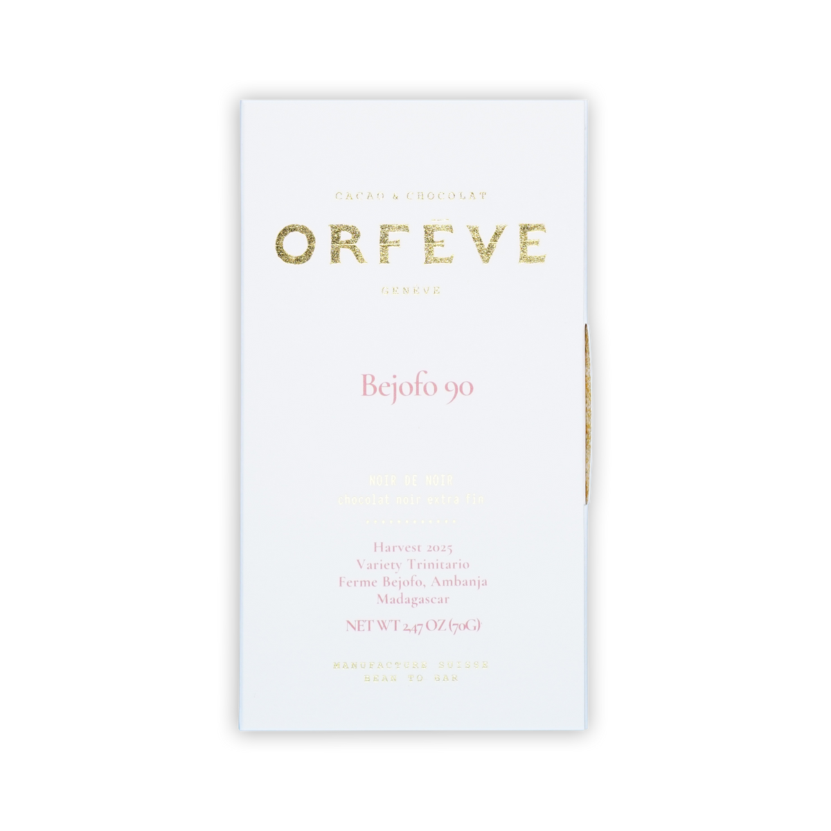 A white box of Orfeve Bejofo 90 chocolate on a black background, featuring gold foil and pink printed text.