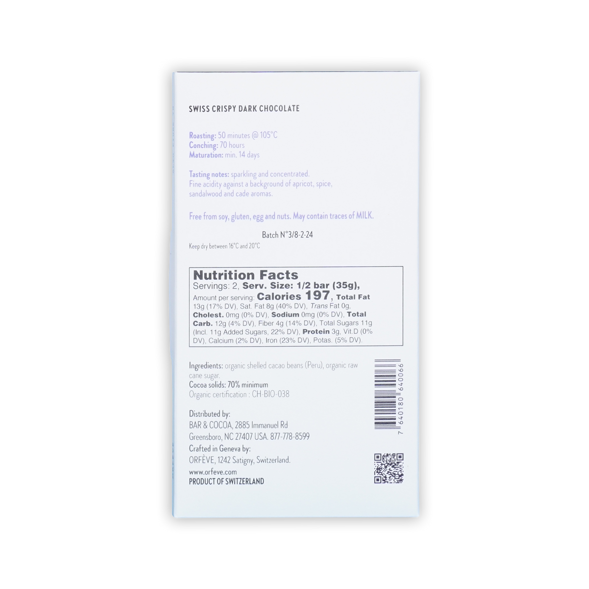 Back of a white Orfeve Swiss Crispy Dark Chocolate box on a black background, showing nutrition facts and ingredients.