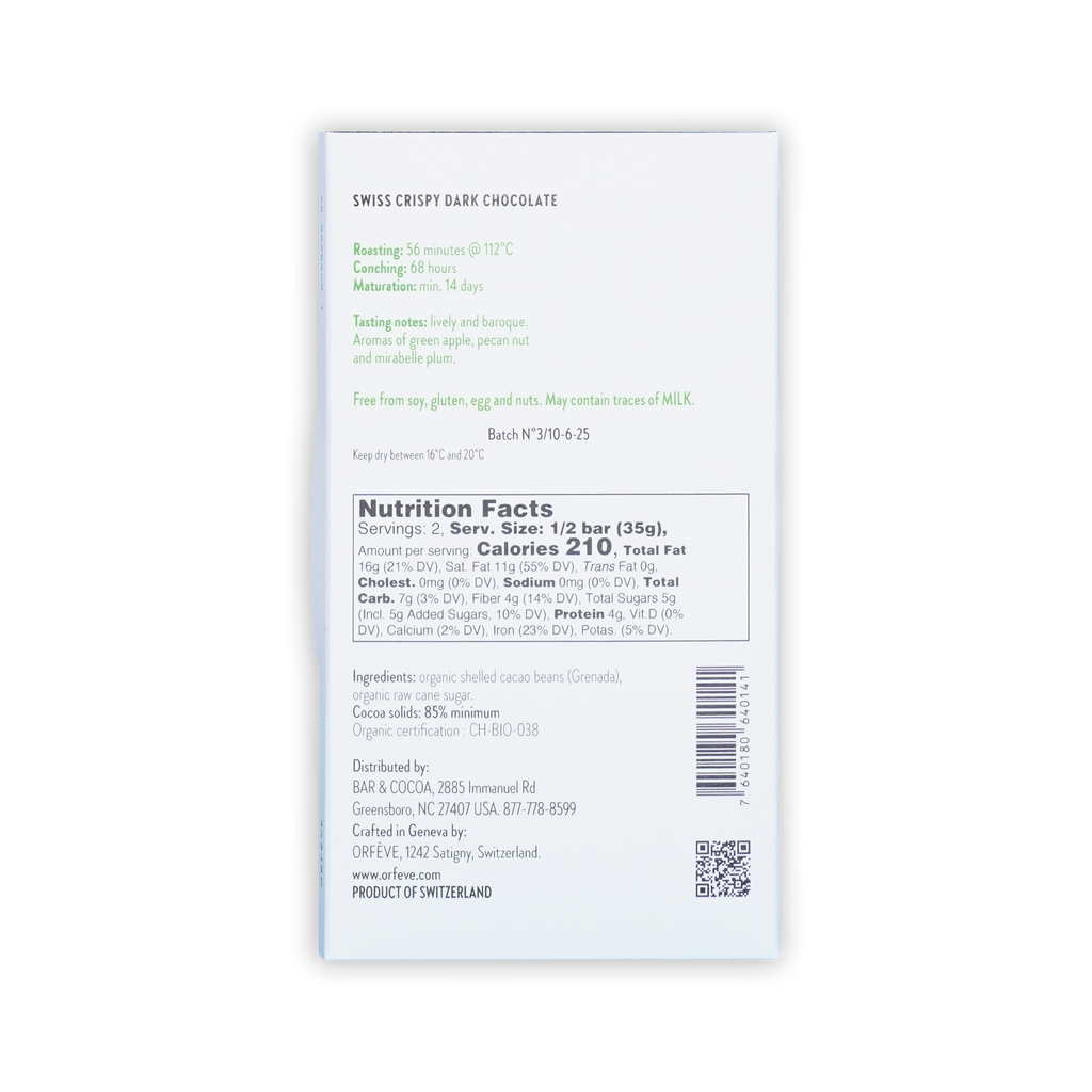 Back of a white Orfeve Swiss Crispy Dark Chocolate box on a black background, showing nutrition facts and ingredients.