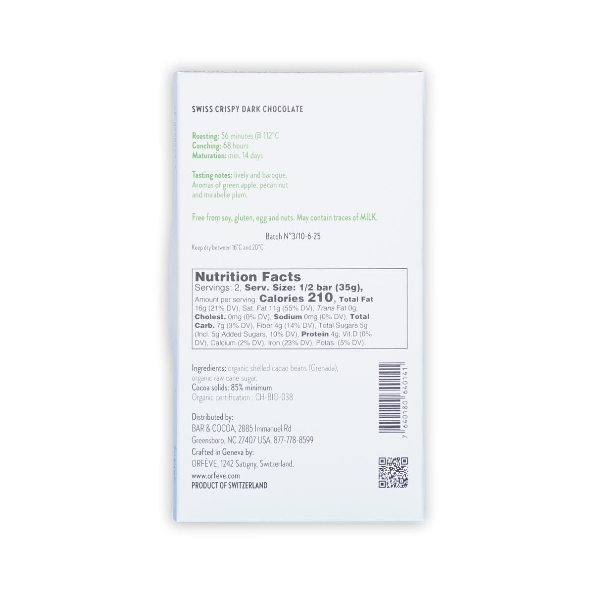 Back of a white Orfeve Swiss Crispy Dark Chocolate box on a black background, showing nutrition facts and ingredients.