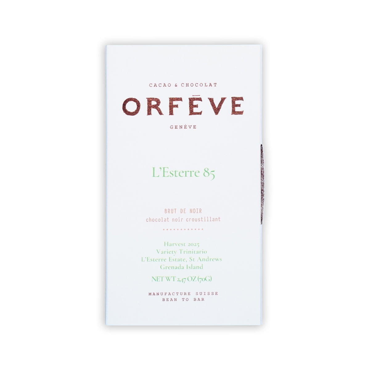 A white box of Orfeve L'Esterre 85 chocolate on a black background with copper and green printed text.