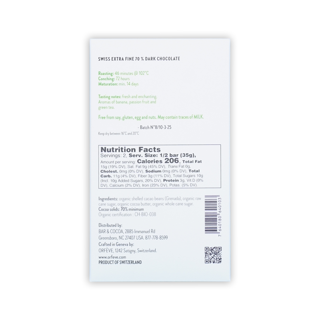 Back of a white Orfeve 70% dark chocolate box showing nutrition facts, ingredients, tasting notes, and a barcode.