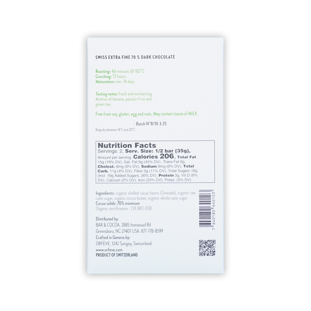 Back of a white Orfeve 70% dark chocolate box showing nutrition facts, ingredients, tasting notes, and a barcode.