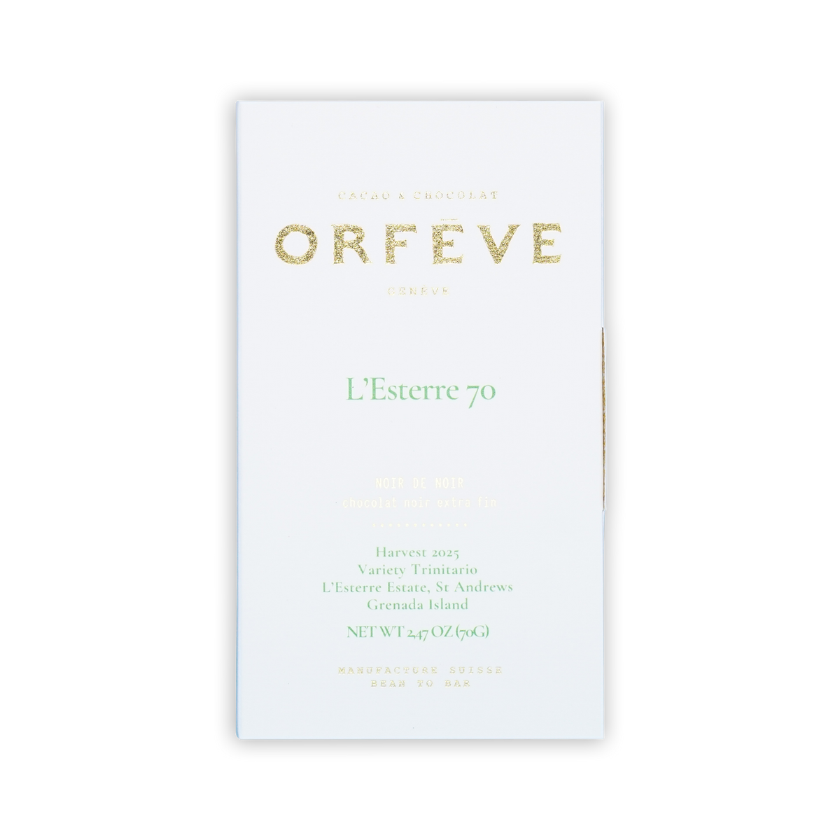 A white Orfeve L'Esterre 70 chocolate bar box with gold and green text on a black background.