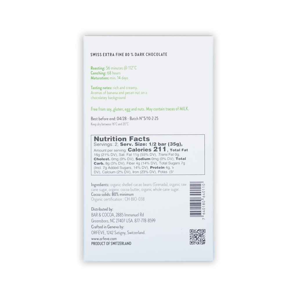 The back of a white Orfeve 80% dark chocolate box on a black background, showing nutrition facts and ingredients.