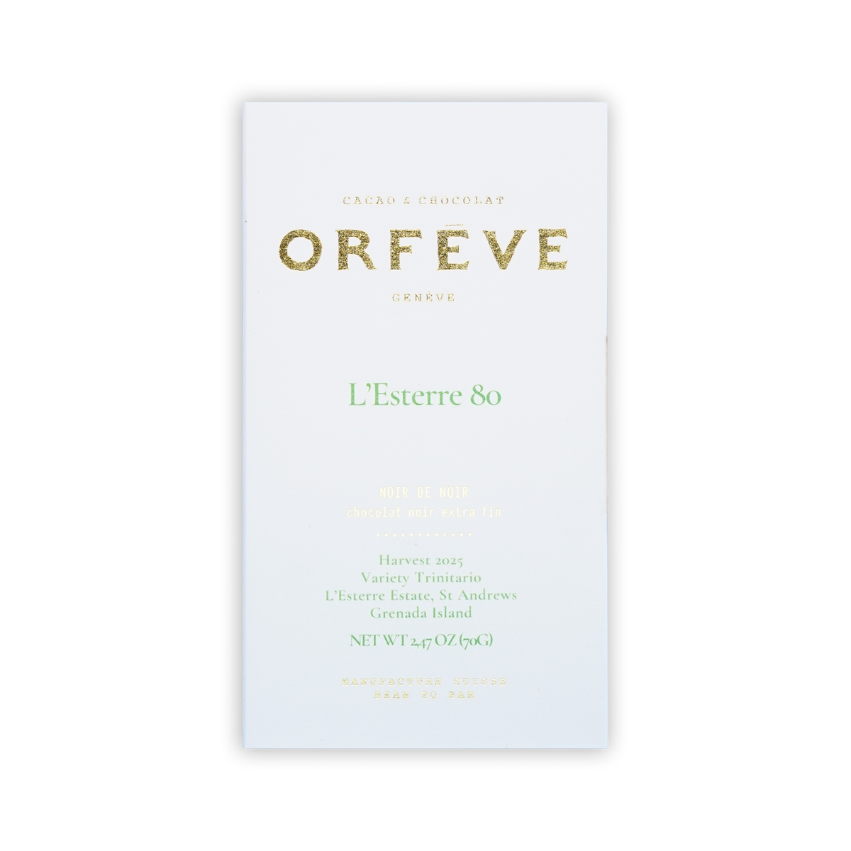 A white Orfeve L'Esterre 80 chocolate bar box with gold and green text on a black background.