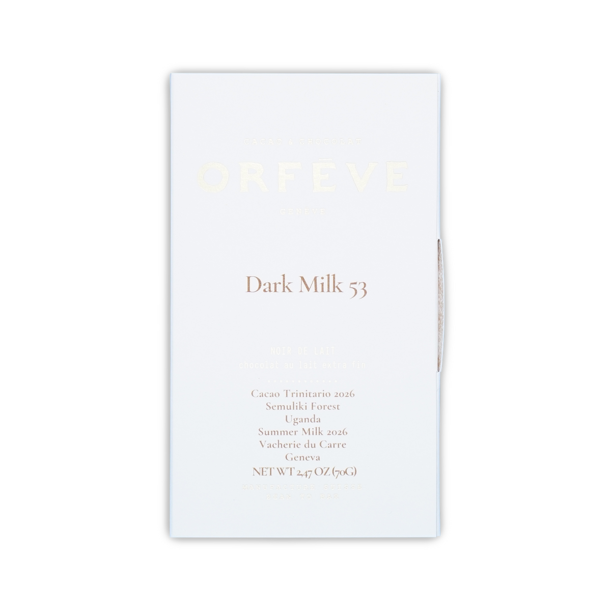 A closed white rectangular box of Orfeve Dark Milk 53 chocolate on a black background.