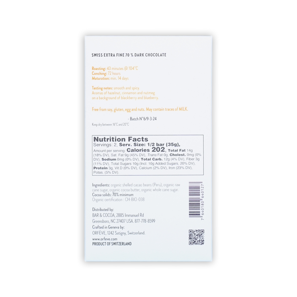 Back of white Orfeve 70% dark chocolate packaging on a black background, showing printed nutrition facts and ingredients.