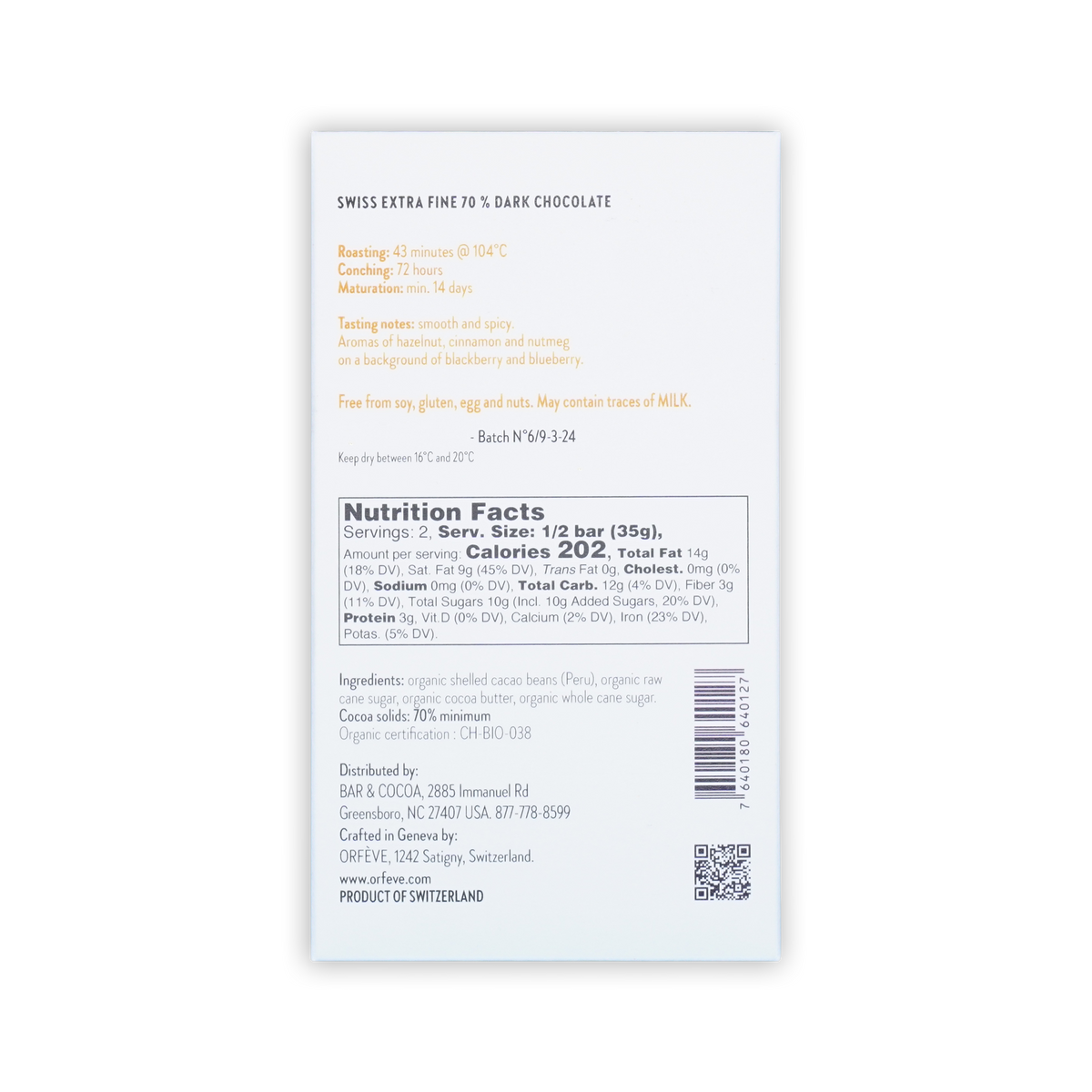 Back of white Orfeve 70% dark chocolate packaging on a black background, showing printed nutrition facts and ingredients.