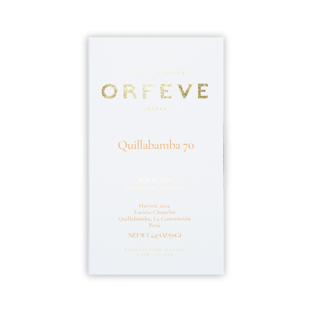 A white Orfeve Quillabamba 70 chocolate box with gold foil lettering on a black background.