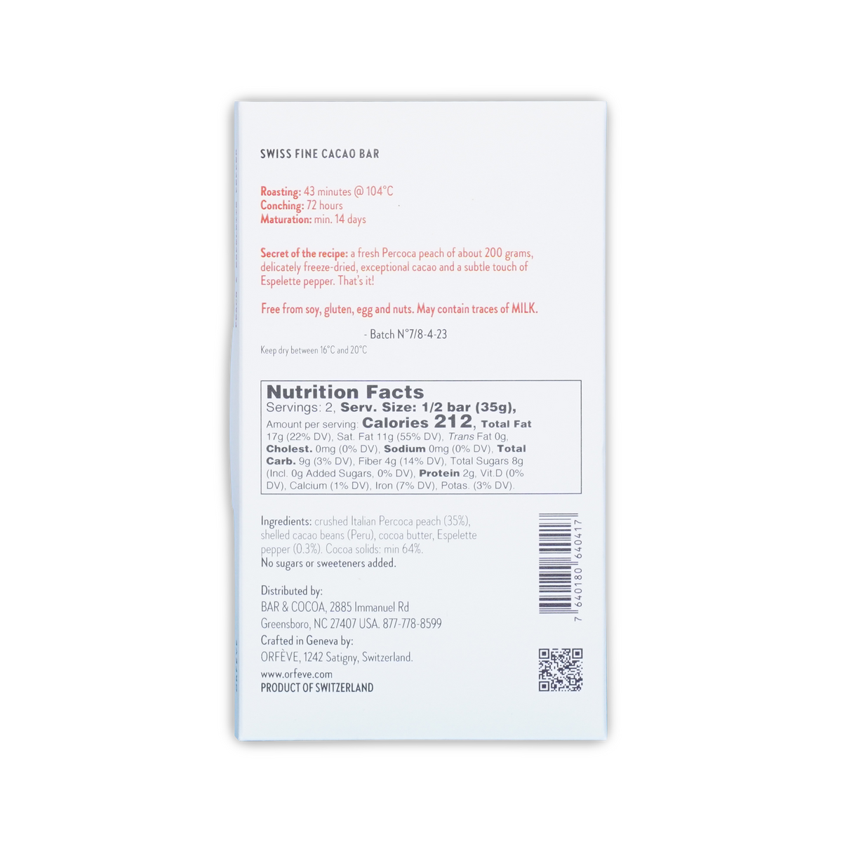 Back of a white Orfeve chocolate bar box displaying nutrition facts, ingredients, a barcode, and a QR code.