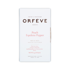 A white rectangular box of Orfeve Peach Espelette Pepper chocolate on a black background.
