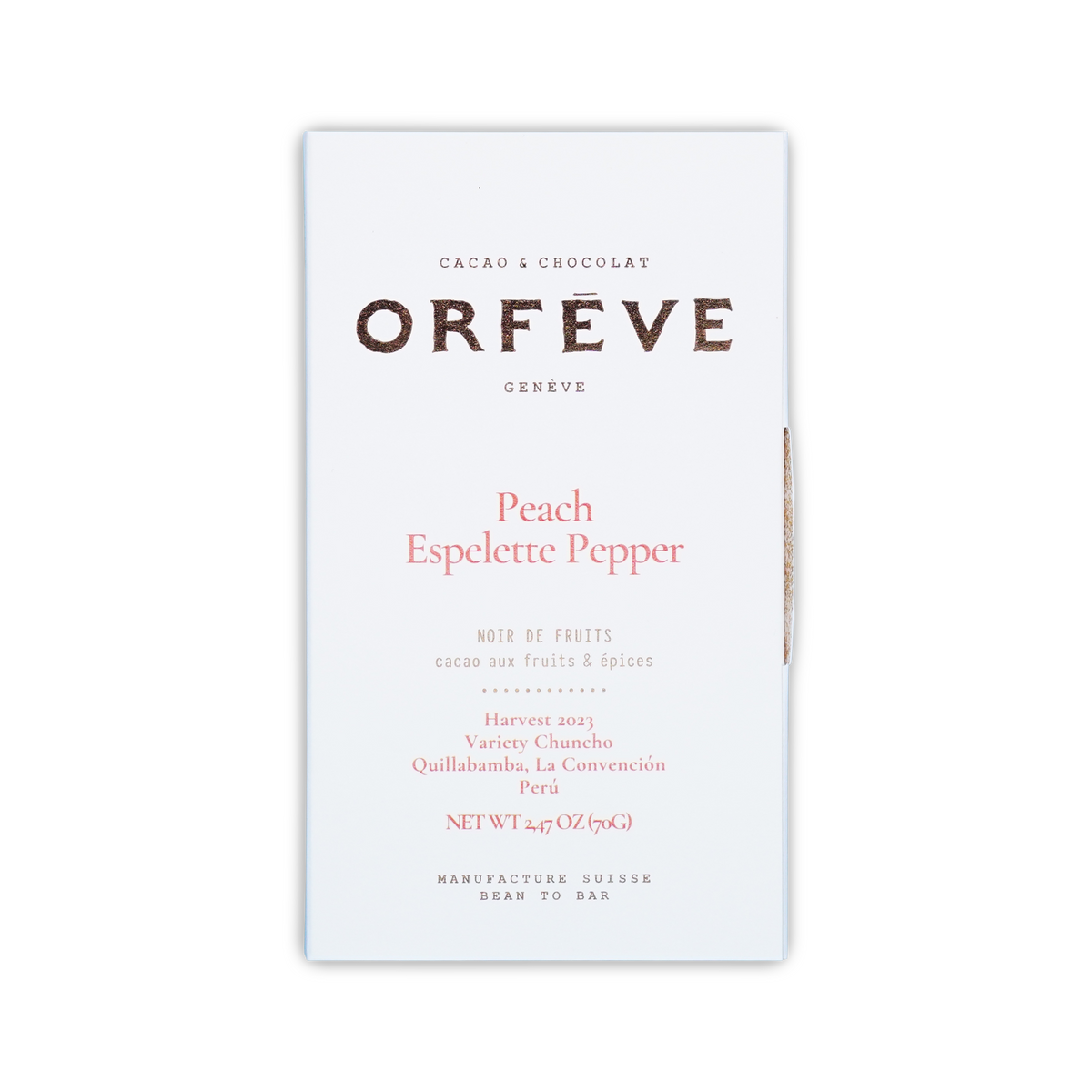 A white rectangular box of Orfeve Peach Espelette Pepper chocolate on a black background.