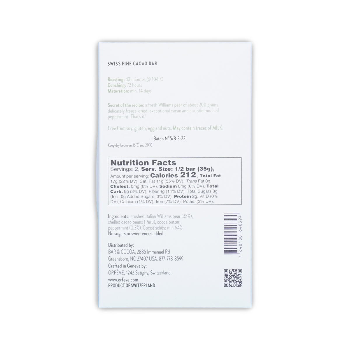 Back of a white Orfeve chocolate bar box on a black background, showing nutrition facts, ingredients, and a barcode.