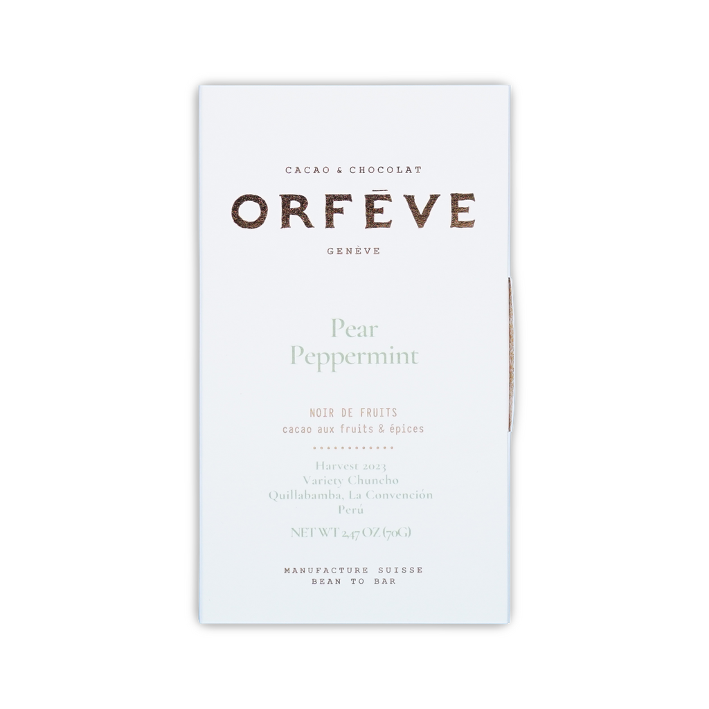 A white rectangular Orfeve chocolate box reading Pear Peppermint on a black background.