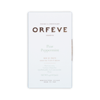 A white rectangular Orfeve chocolate box reading Pear Peppermint on a black background.