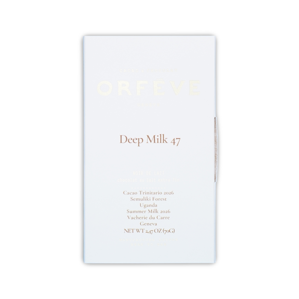 A closed white box of Orfeve Deep Milk 47 chocolate with gold text on a black background.