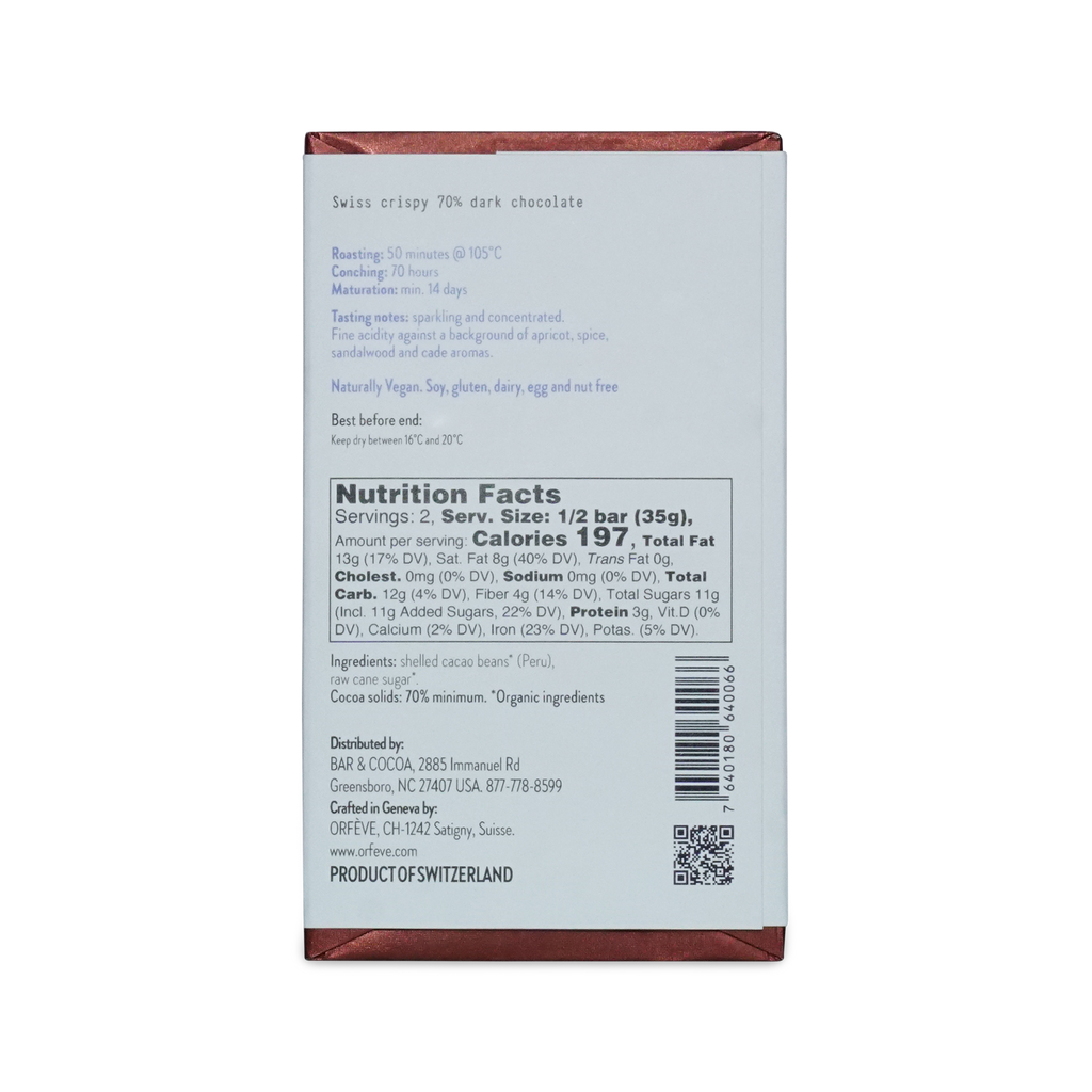 Nutrition facts label on a chocolate bar packaging with a white background