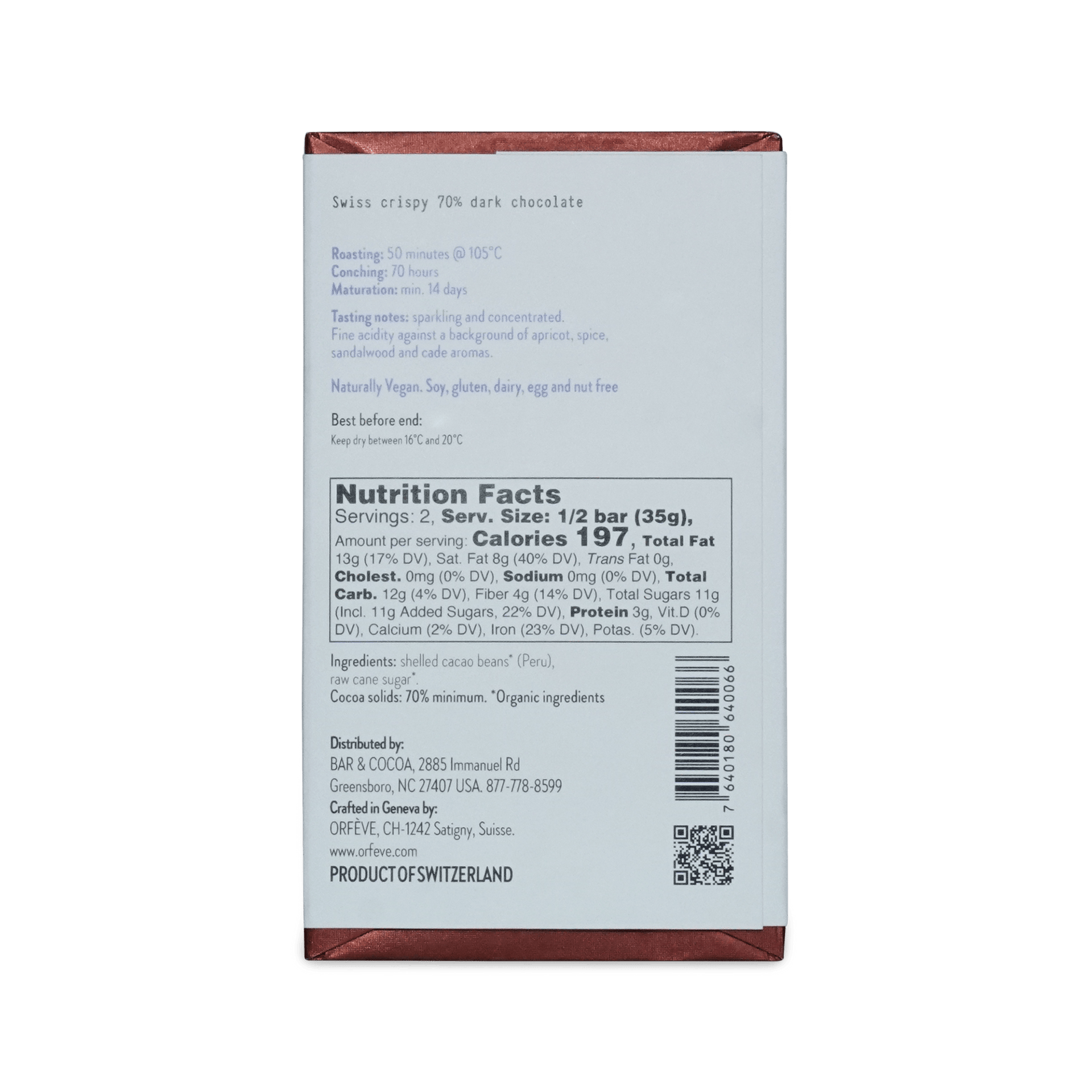 Nutrition facts label on a chocolate bar packaging with a white background