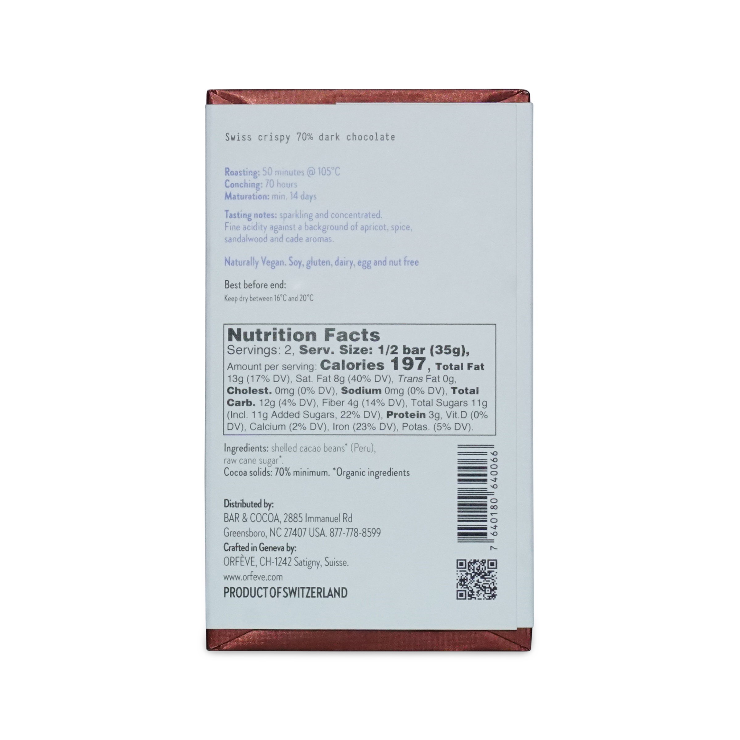 Nutrition facts label on a chocolate bar packaging with a white background