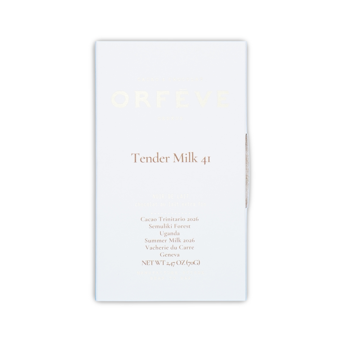 A white box of Orfeve Tender Milk 41 chocolate with gold text on a black background.